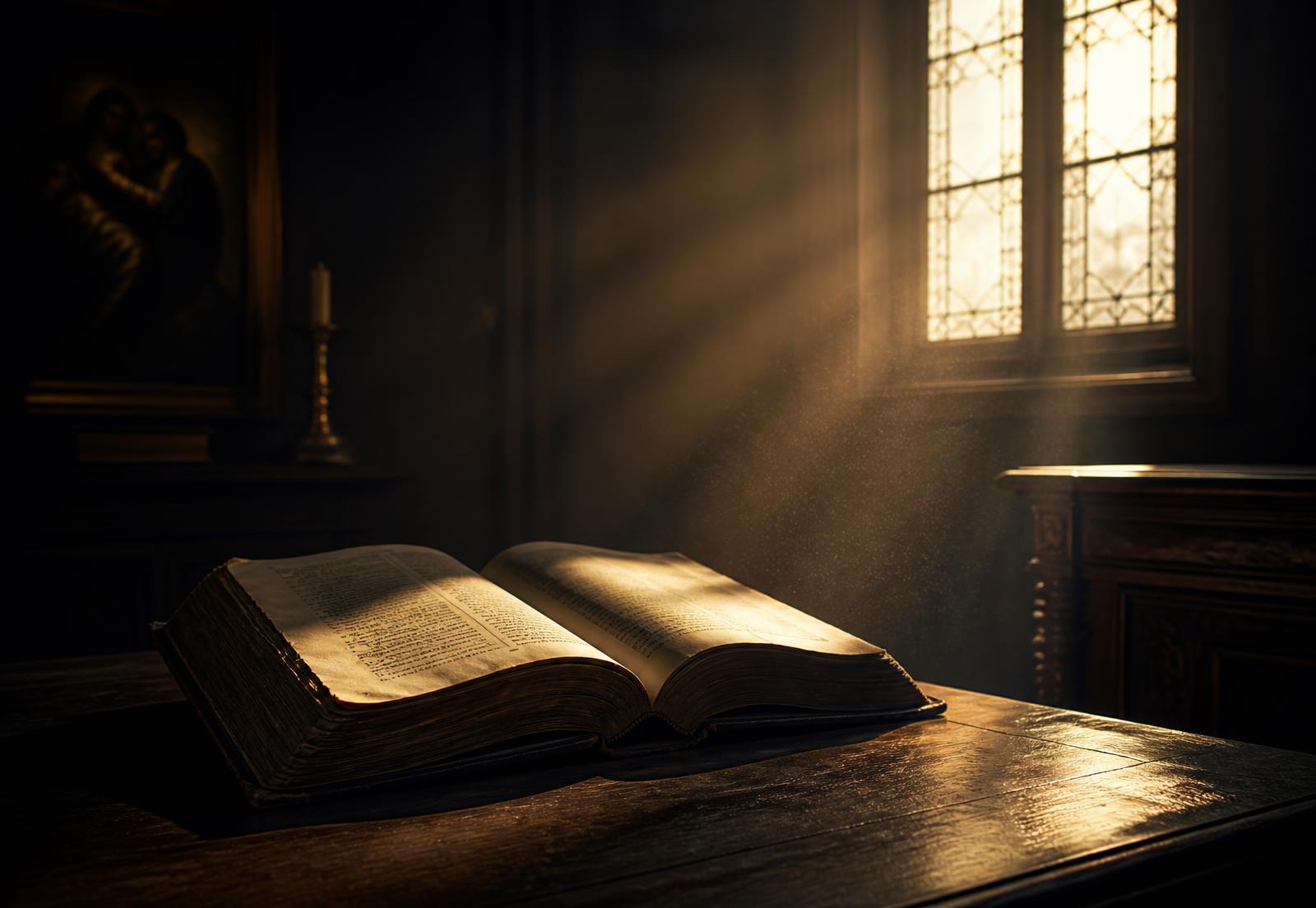 Biblia antigua abierta bajo la luz de un vitral